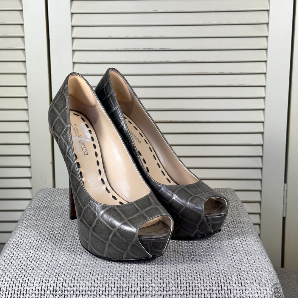 Enzo Angiolini Gray Croc-Embossed Peep Toe Pumps